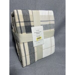 Threshold Brushed Cotton Blanket Full Queen Cream Tan Grey Plaid Bedding